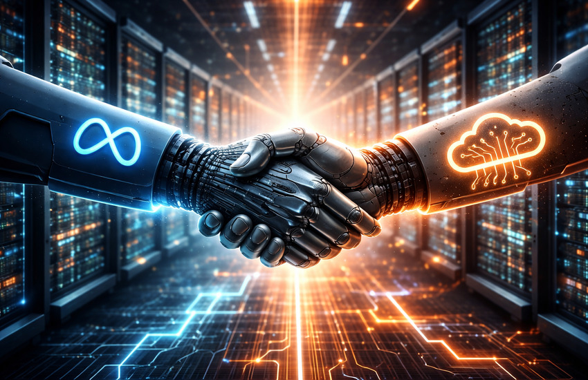 Futuristic robotic handshake symbolizing Nebius and Meta partnership powering global AI infrastructure inside a modern data center.