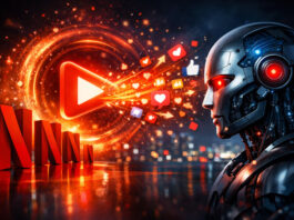 Futuristic AI robot interacting with a glowing streaming play icon and social media reactions symbolizing Netflix’s AI-driven virality strategy.