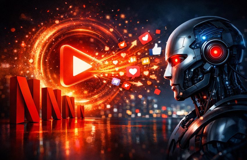 Futuristic AI robot interacting with a glowing streaming play icon and social media reactions symbolizing Netflix’s AI-driven virality strategy.