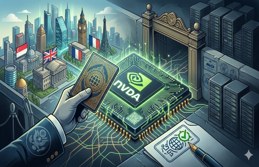 Editorial illustration showing a GPU chip stamped into a passport with a globe and geopolitical symbols representing AI chip export controls and global technology politics.