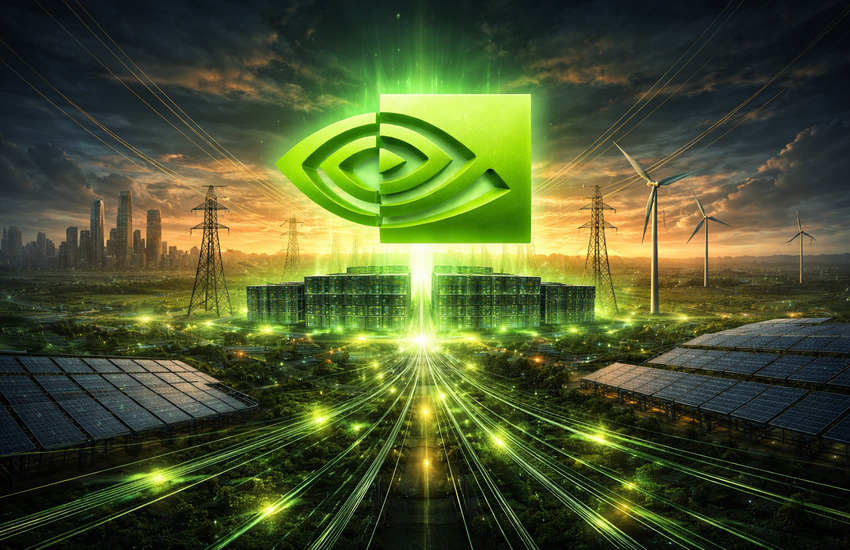 Futuristic data center powered by renewable energy showing AI infrastructure linked to electricity networks