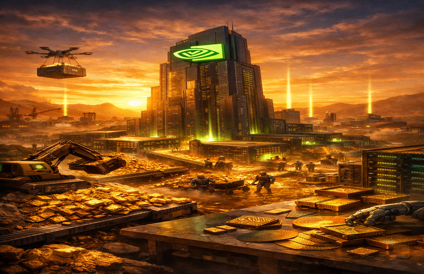 Futuristic AI data center city with robotic miners extracting glowing chips, symbolizing Nvidia powering the AI gold rush infrastructure.