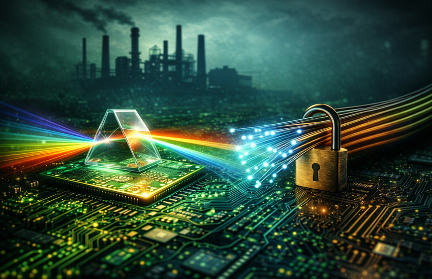 Prism On AI Chip Splitting Light Into Fiber-Optic Cables With Padlock, Symbolizing Secure Optical Interconnect Supply For Data Centers