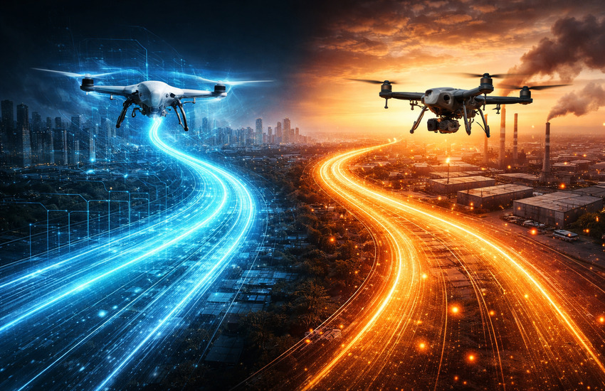 Two contrasting drones symbolizing futuristic vision versus real-world execution in the defense drone market