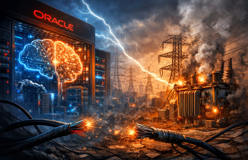Conceptual illustration of an AI data center connected to strained power grid infrastructure symbolizing energy constraints behind AI expansion.