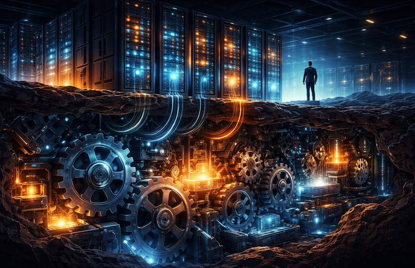 Illustration of enterprise data servers and mechanical gears beneath the surface representing the hidden infrastructure and cash flow engine of enterprise software companies like Progress Software.