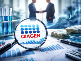Metaphorical editorial image of Qiagen strategic review, with lab equipment, financial charts, and deal handshake in background.