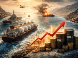 Oil tankers navigating the Strait of Hormuz with rising oil price chart symbolizing geopolitical risk to global energy markets