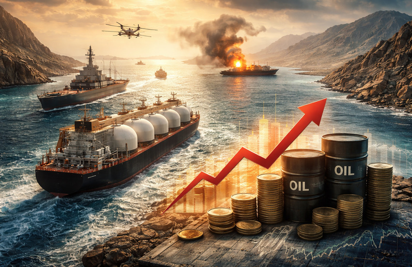 Oil tankers navigating the Strait of Hormuz with rising oil price chart symbolizing geopolitical risk to global energy markets