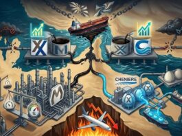 Editorial illustration showing Strait of Hormuz oil supply disruption impacting energy producers, LNG exporters, refiners, and airlines