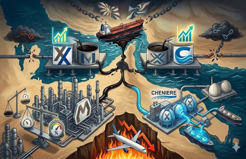 Editorial illustration showing Strait of Hormuz oil supply disruption impacting energy producers, LNG exporters, refiners, and airlines