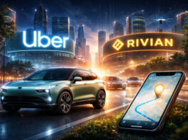 Metaphorical editorial image of a futuristic electric SUV in a glowing city, symbolizing Uber and Rivian’s robotaxi attention strategy