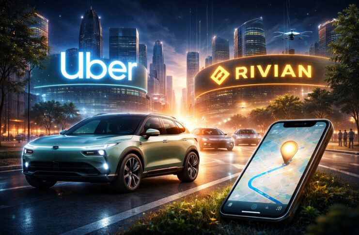 Metaphorical editorial image of a futuristic electric SUV in a glowing city, symbolizing Uber and Rivian’s robotaxi attention strategy