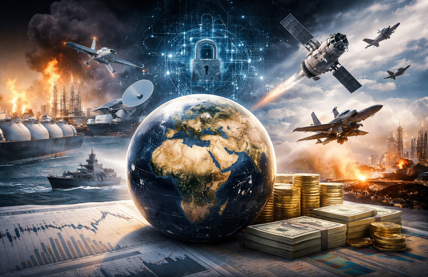 Metaphorical globe with Middle East highlighted amid cyber lock, LNG shipping, jets, satellite, and market charts symbolizing geopolitical shock.