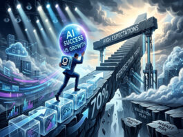 Investor climbing growth steps toward high expectations while facing market risk and valuation pressure in AI earnings scenario