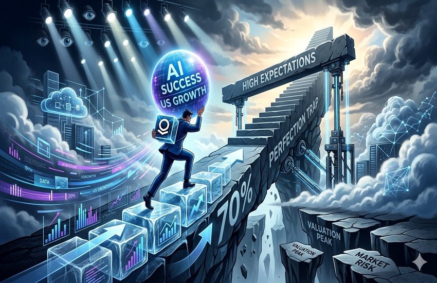 Investor climbing growth steps toward high expectations while facing market risk and valuation pressure in AI earnings scenario