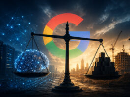 Metaphorical balance scale showing AI technology versus infrastructure investment under a Google-inspired backdrop symbolizing Alphabet’s earnings tension