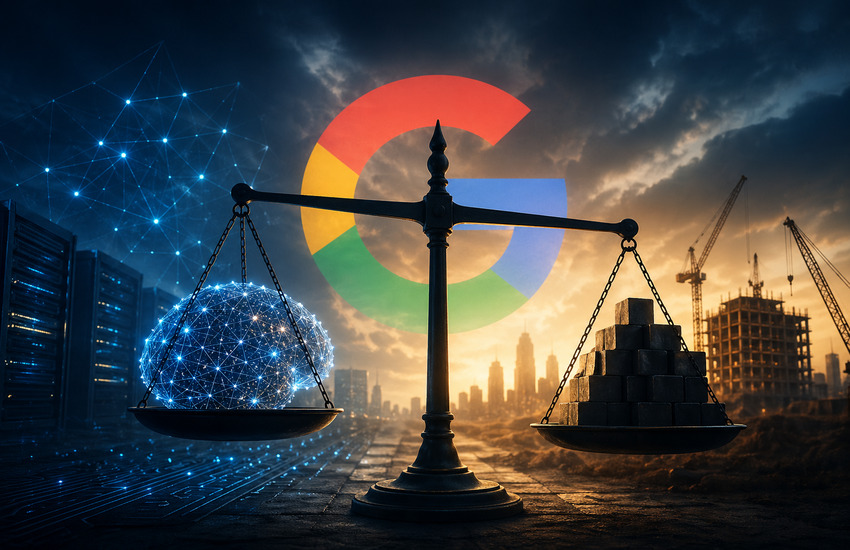 Metaphorical balance scale showing AI technology versus infrastructure investment under a Google-inspired backdrop symbolizing Alphabet’s earnings tension