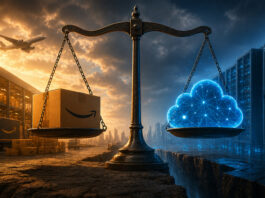 Balance scale showing e-commerce box versus digital cloud representing Amazon’s growth and underlying AI investment tension