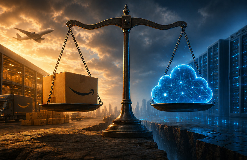Balance scale showing e-commerce box versus digital cloud representing Amazon’s growth and underlying AI investment tension