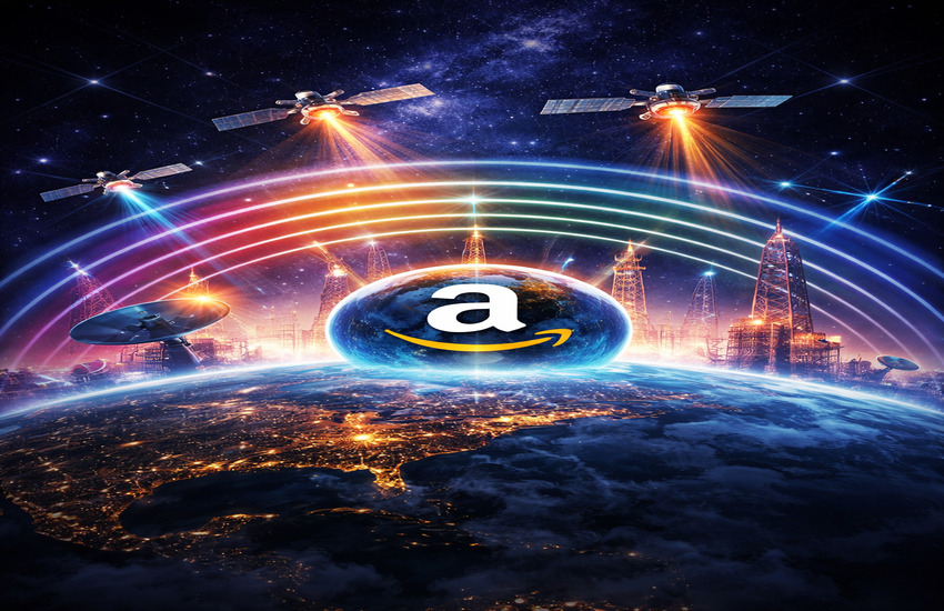 Conceptual image of satellites connecting Earth symbolizing Amazon’s strategic control over global communication infrastructure