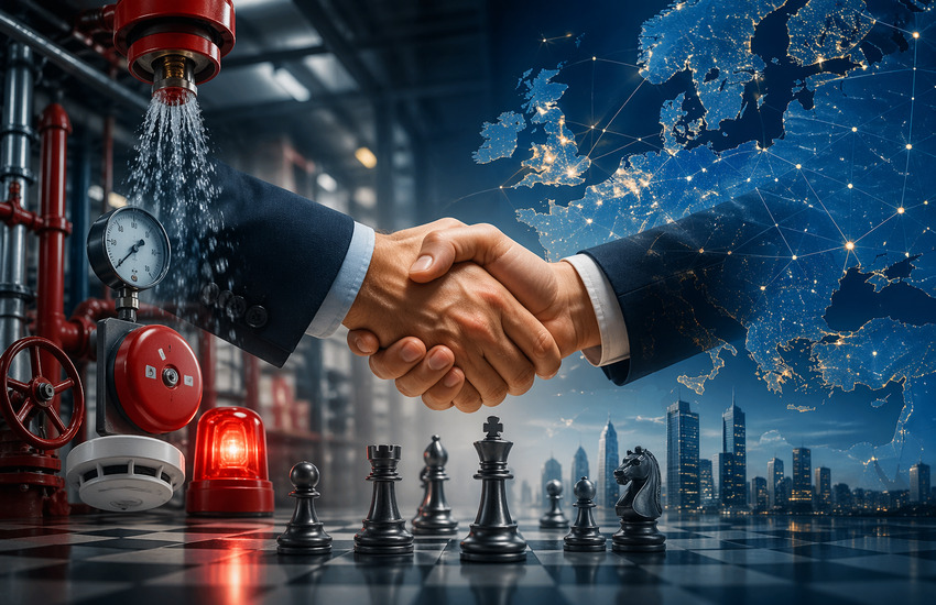 Business handshake with fire protection systems and European map symbolizing APi Group’s strategic acquisition expansion
