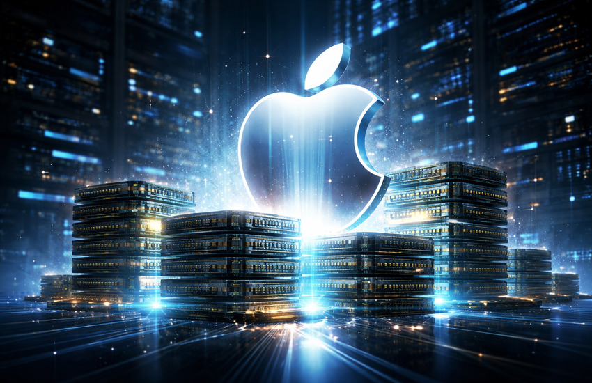 Futuristic Apple logo surrounded by glowing memory chips in a data center representing AI infrastructure and supply constraint strategy