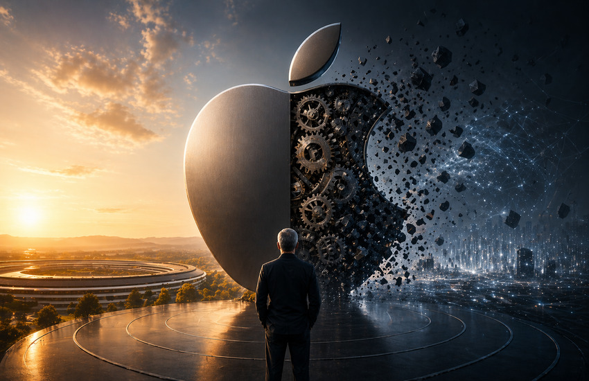 Half Apple logo transforming into mechanical system and digital network symbolizing transition from optimized system to uncertain future