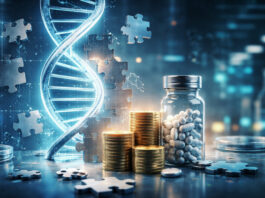 DNA helix with puzzle pieces, medicine bottle, and stacked coins representing biotech growth and rare disease acquisition strategy