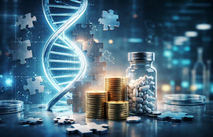DNA helix with puzzle pieces, medicine bottle, and stacked coins representing biotech growth and rare disease acquisition strategy