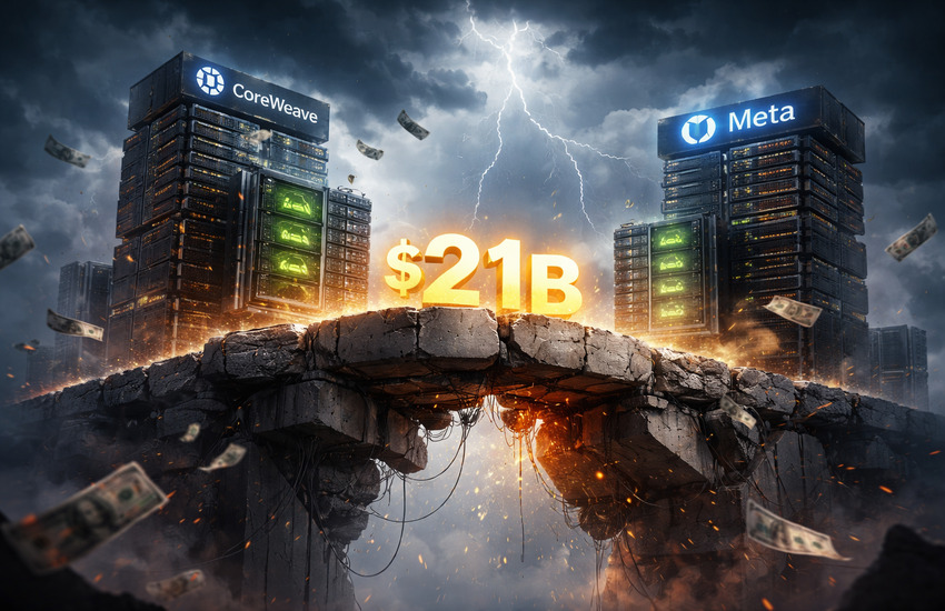 Conceptual image of AI data centers on unstable ground representing CoreWeave and Meta infrastructure risk and growth tension