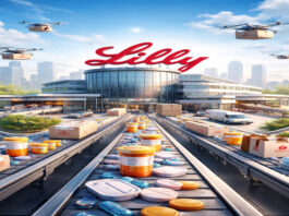Futuristic pharmaceutical distribution hub symbolizing Eli Lilly’s shift toward direct-to-consumer healthcare platform and delivery ecosystem