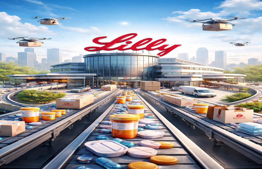 Futuristic pharmaceutical distribution hub symbolizing Eli Lilly’s shift toward direct-to-consumer healthcare platform and delivery ecosystem