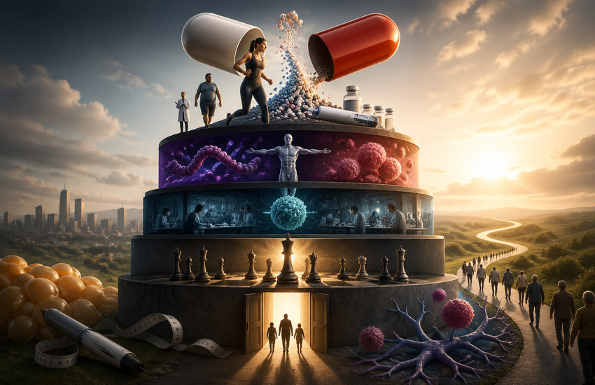 Metaphorical illustration of Eli Lilly’s layered strategy combining obesity drugs, oncology expansion, and evolving pharmaceutical business model
