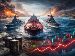 Oil tanker flanked by naval ships in a narrow strait symbolizing geopolitical tension and global market uncertainty