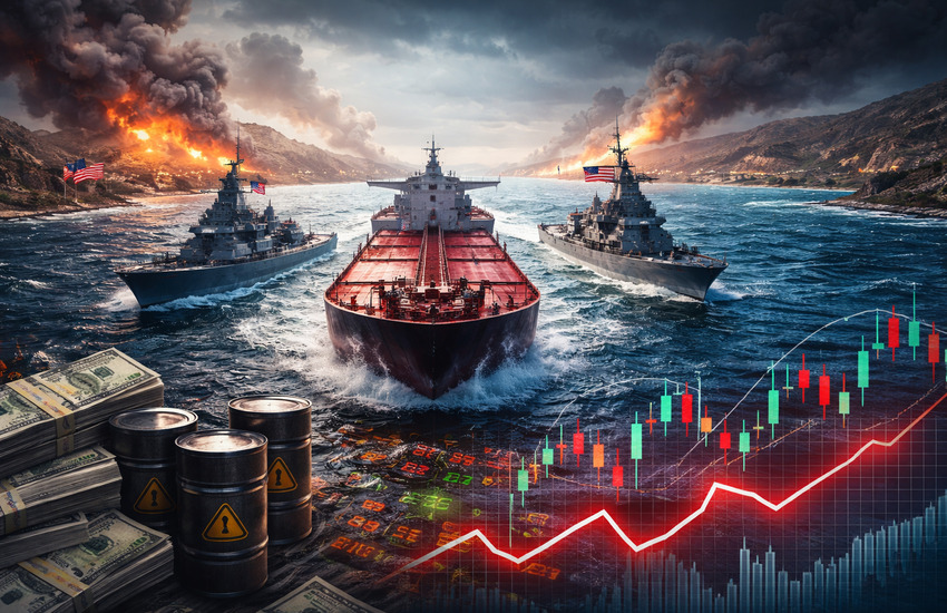 Oil tanker flanked by naval ships in a narrow strait symbolizing geopolitical tension and global market uncertainty