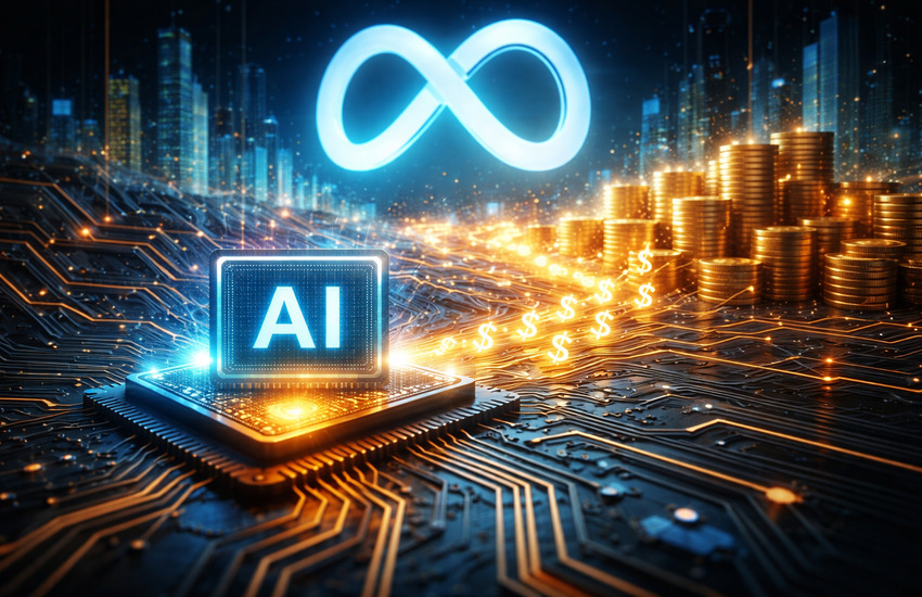Futuristic AI chip generating value streams symbolizing Meta’s shift from AI innovation to monetization strategy