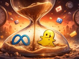 Hourglass with Meta and Snap logos symbolizing time, attention economy, and shift toward efficiency in tech valuations