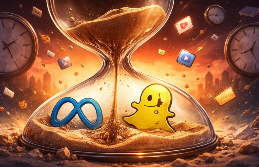Hourglass with Meta and Snap logos symbolizing time, attention economy, and shift toward efficiency in tech valuations