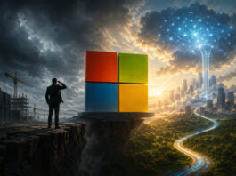 Business executive observing split future between dark infrastructure and bright AI-powered city symbolizing Microsoft cloud and AI investment tension