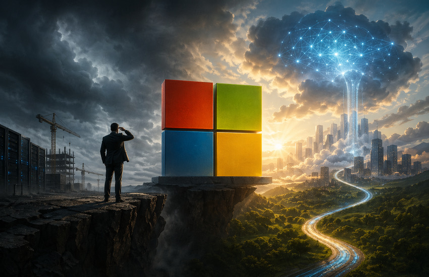 Business executive observing split future between dark infrastructure and bright AI-powered city symbolizing Microsoft cloud and AI investment tension