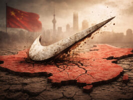Nike swoosh sinking into cracked China map symbolizing structural shift and rising local competition