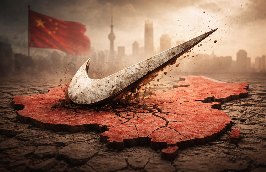 Nike swoosh sinking into cracked China map symbolizing structural shift and rising local competition