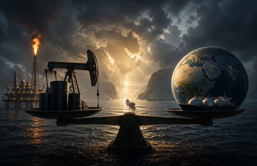 Metaphorical balance scale showing oil production versus global energy security amid geopolitical disruption and shifting supply risk