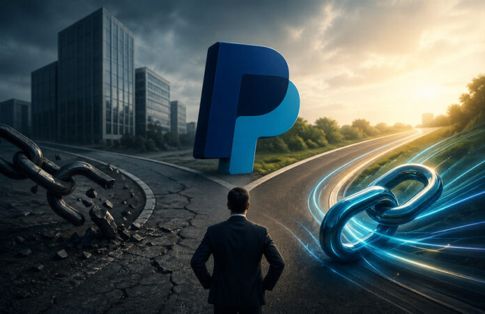 paypal-restructuring-strategic-split-metaphor Metaphorical image of PayPal at a crossroads showing a split between a slowing core and a fast-growing digital payments path