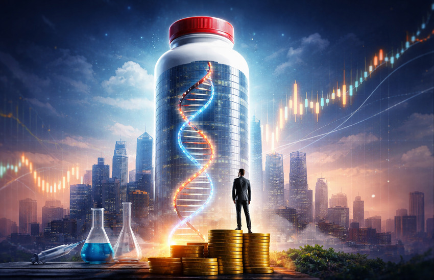 Metaphorical image of pharma company growth showing DNA, rising charts, and biotech-driven financial expansion