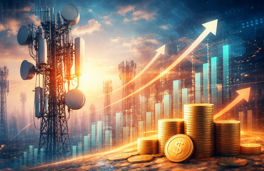 Telecom towers with rising financial charts and coins symbolizing infrastructure value growth and takeover interest