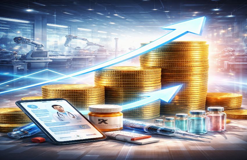 Conceptual image showing telehealth platform growth with rising margins, medical tools, and digital healthcare ecosystem