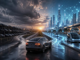 Metaphorical editorial image of a Tesla-style EV at a crossroads between weak auto fundamentals and a futuristic Robotaxi-driven AI future