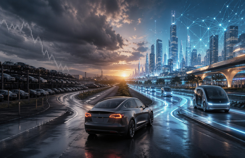 Metaphorical editorial image of a Tesla-style EV at a crossroads between weak auto fundamentals and a futuristic Robotaxi-driven AI future